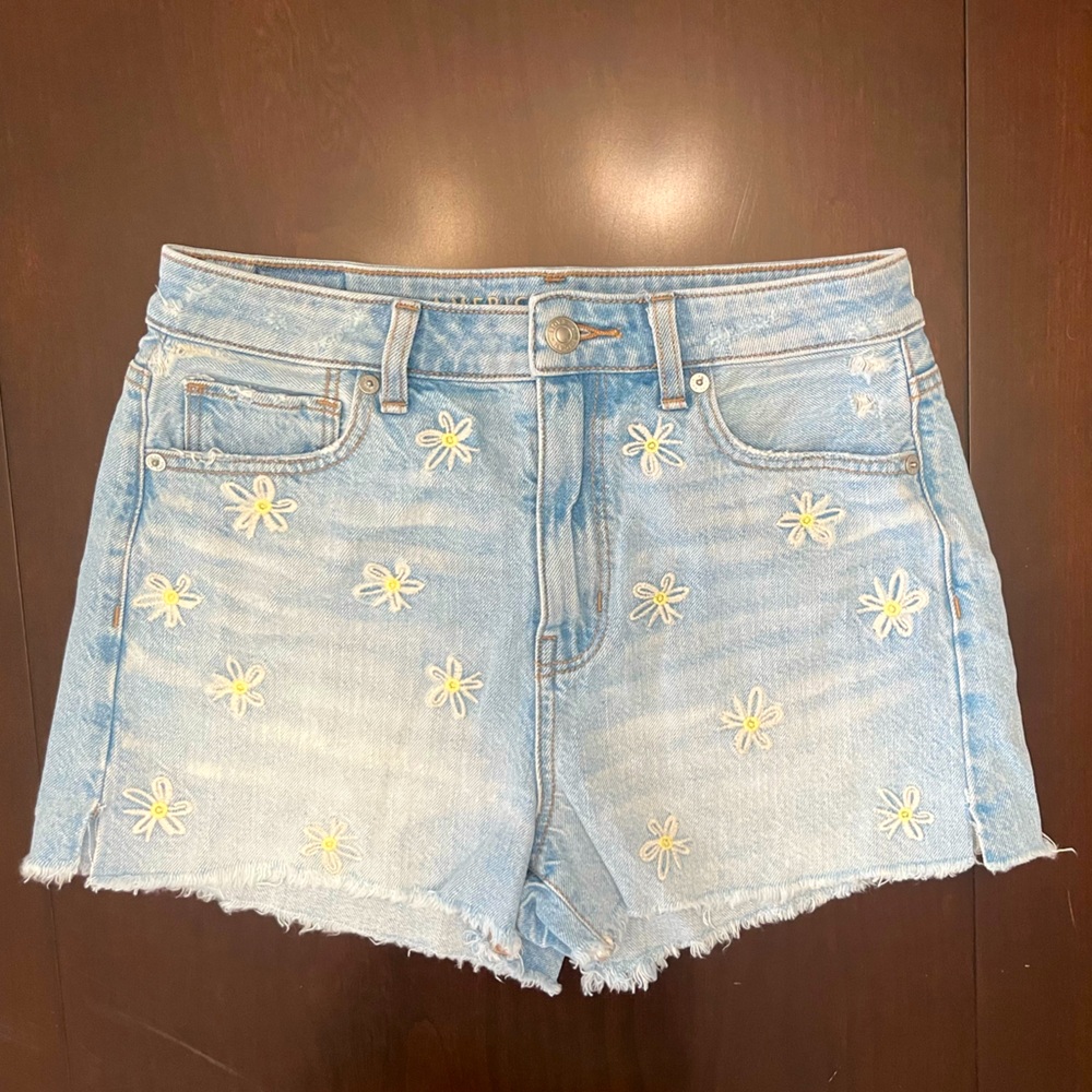 Embroidered Light Blue Denim Shorts